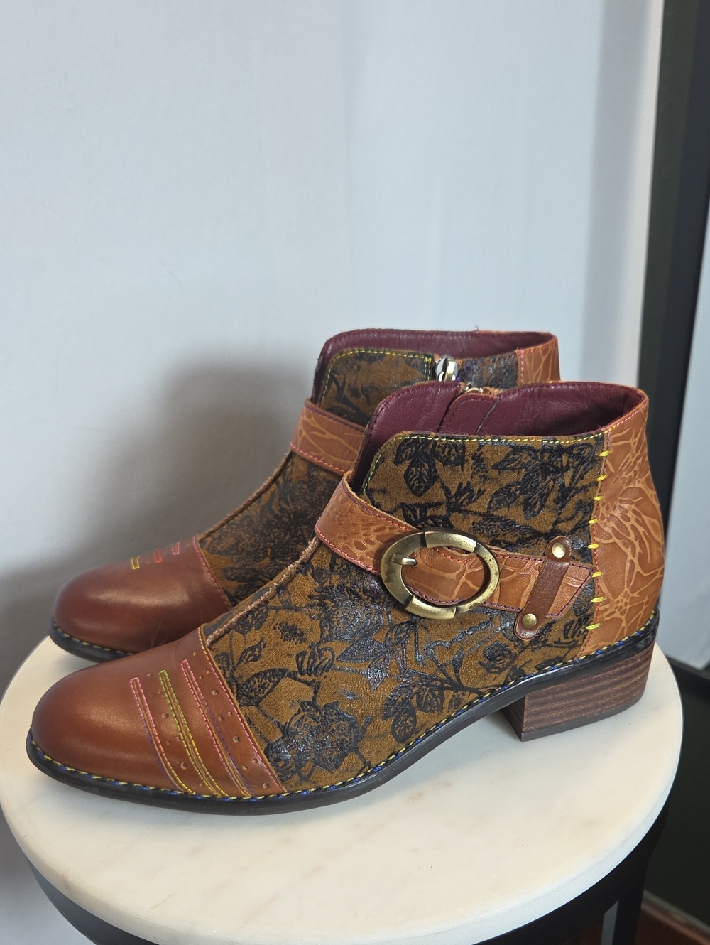 Brown Floral Leather Ankle Boots with Decorative Buckle Accent Size 39